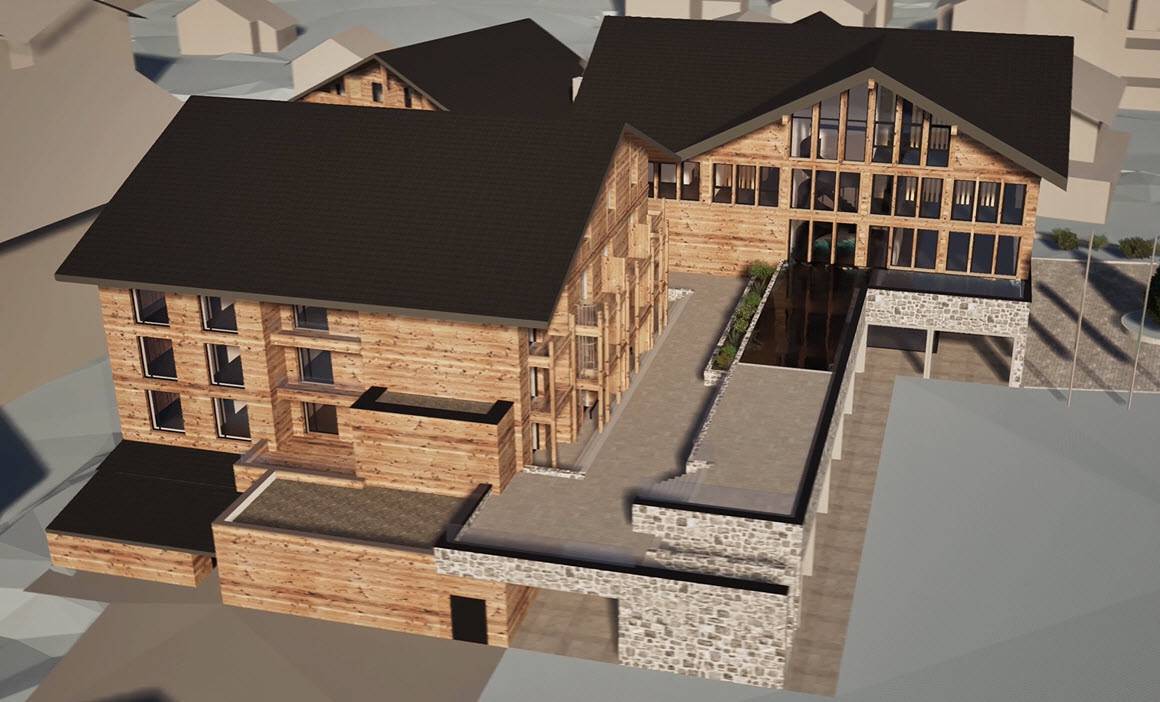 Visualisierung Neubau mit Außenpool des Familienhotel Gorfion Liechtenstein