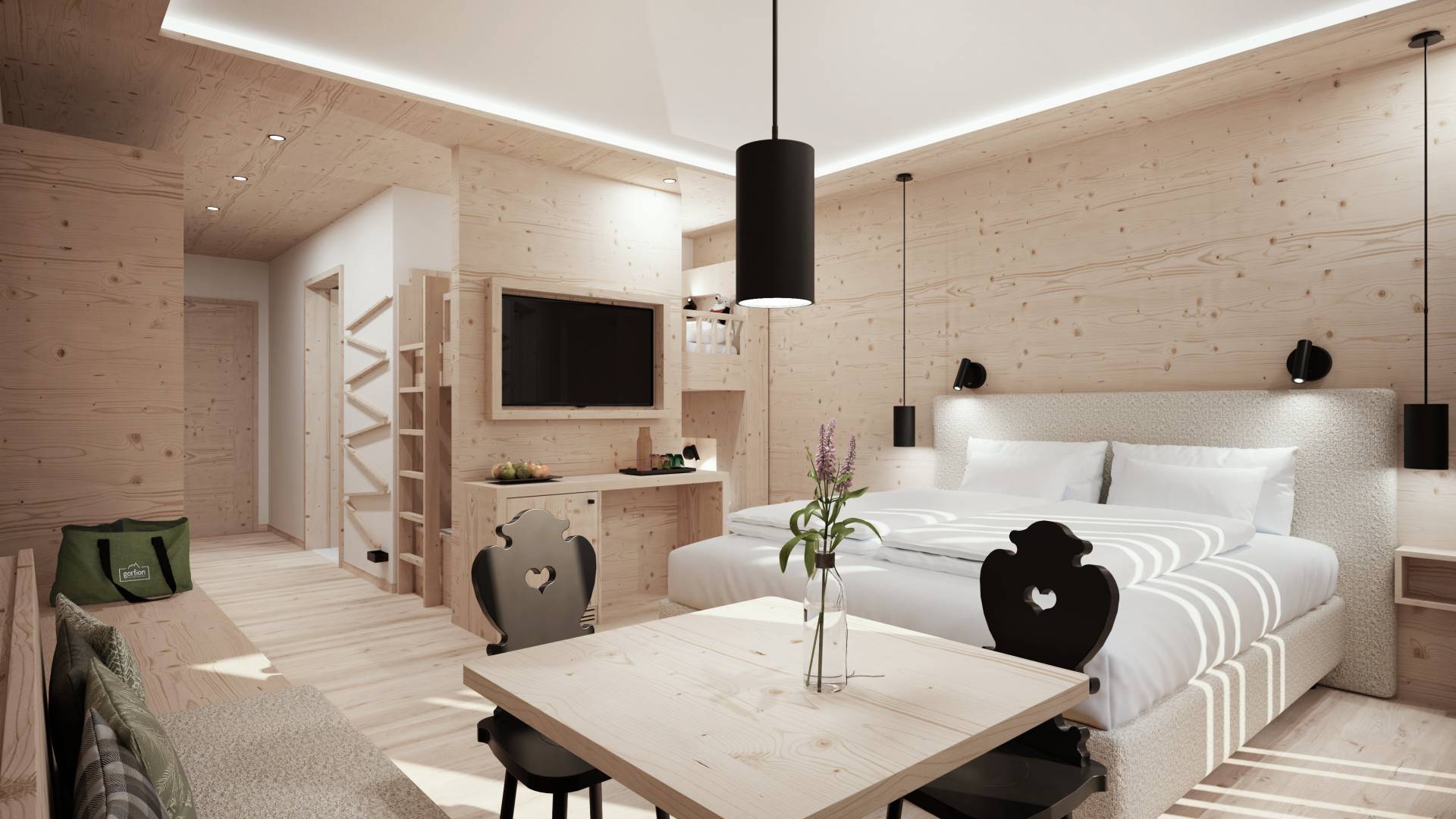 Familienzimmer mit Etagenbett und Eckbank im Familienhotel Gorfion Liechtenstein