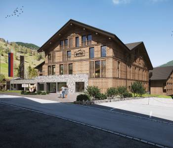 Grafik Außenansicht Neubau Familienhotel Gorfion Liechtenstein Sommer