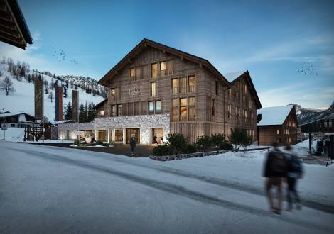Grafik Neubau Außenansicht Familienhotel Gorfion Liechtenstein Winter