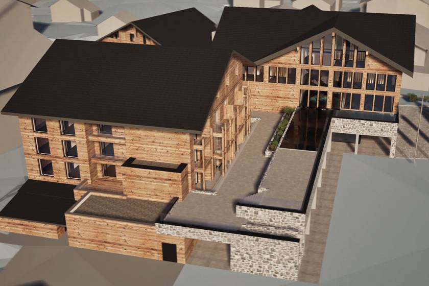Visualisierung Neubau mit Außenpool des Familienhotel Gorfion Liechtenstein