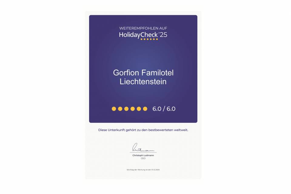 HolidayCheck 2025 - Gorfion Familienhotel Liechtenstein