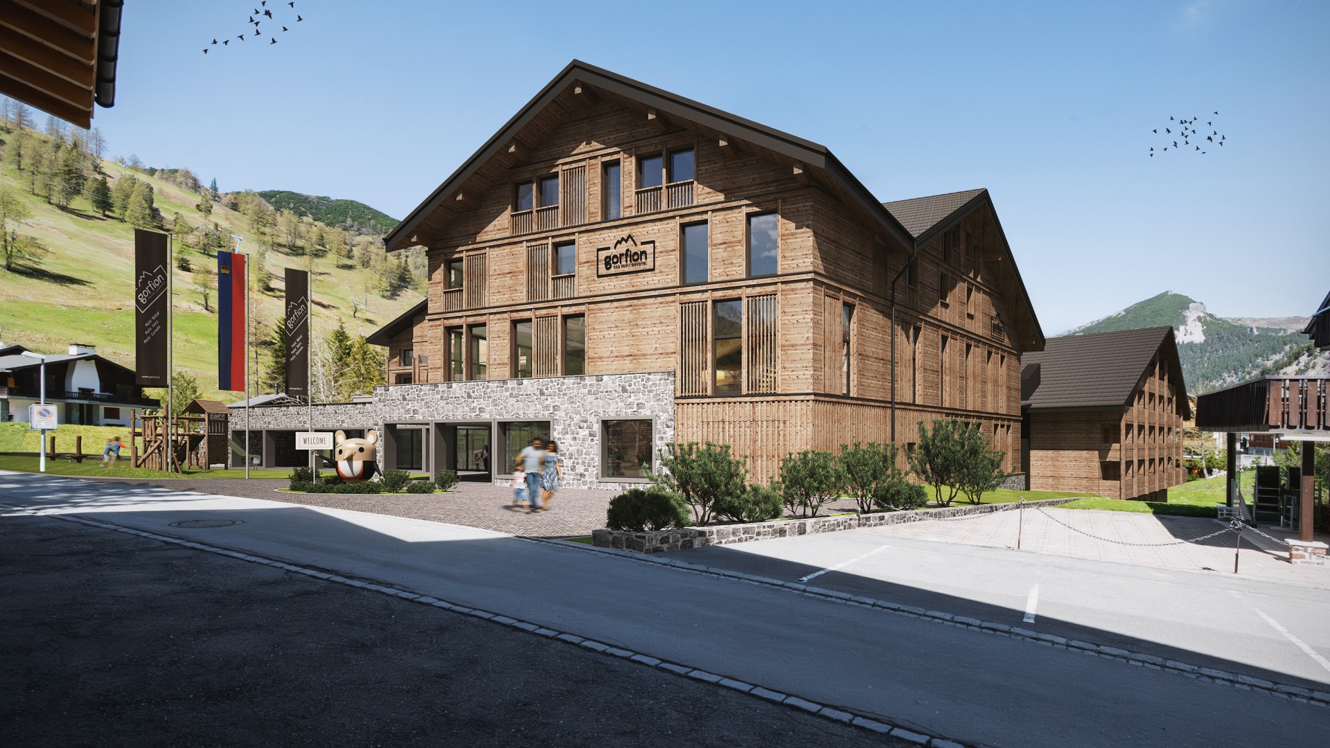 Grafik Außenansicht Neubau Familienhotel Gorfion Liechtenstein Sommer