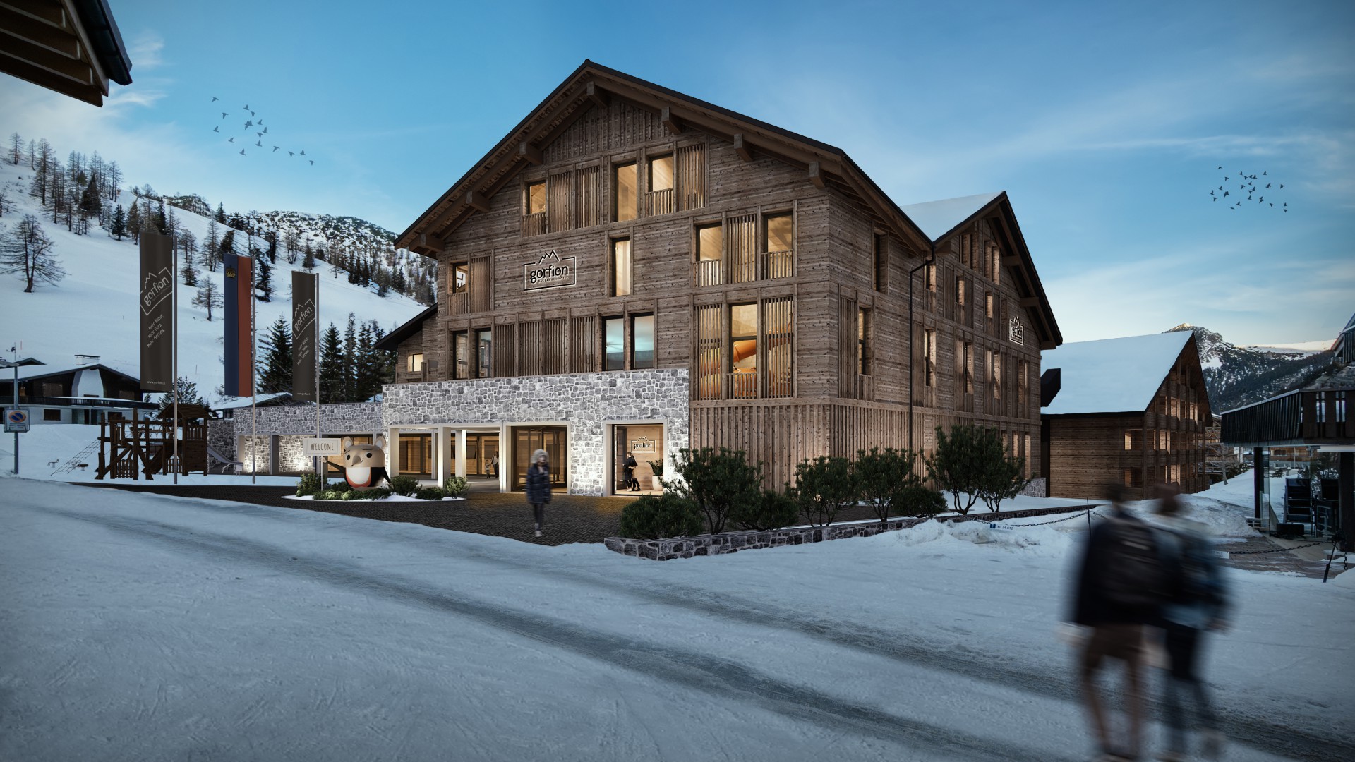 Grafik Neubau Außenansicht Familienhotel Gorfion Liechtenstein Winter