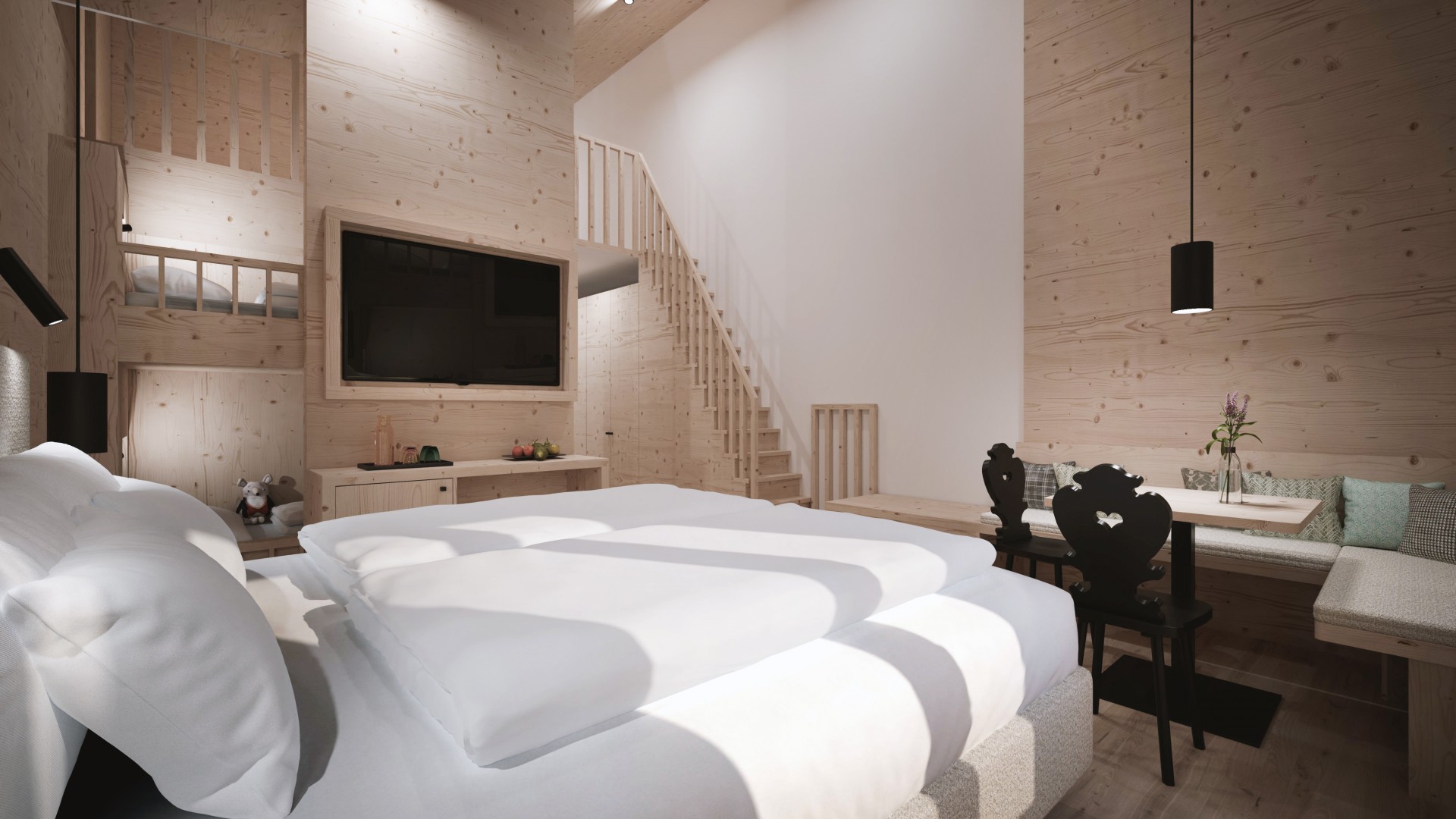 Familienzimmer mit Galerie im Familienhotel Gorfion in Liechtenstein