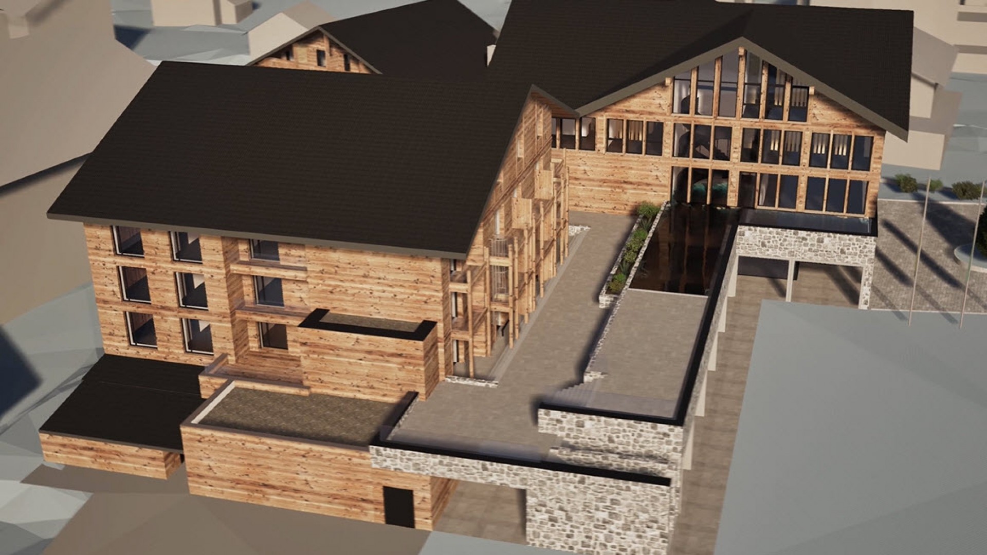 Visualisierung Neubau mit Außenpool des Familienhotel Gorfion Liechtenstein